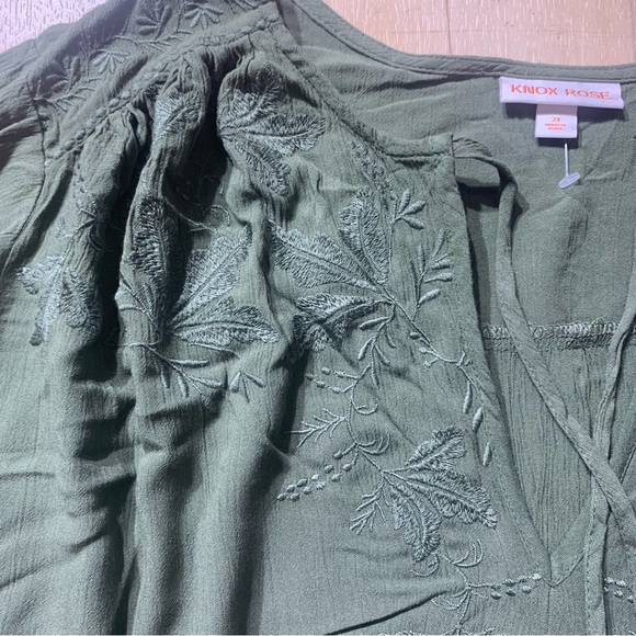 Knox Rose Women’s Long Sleeve Boho Embroidered Shirt Top Size 2XL Olive Green - Picture 4 of 10